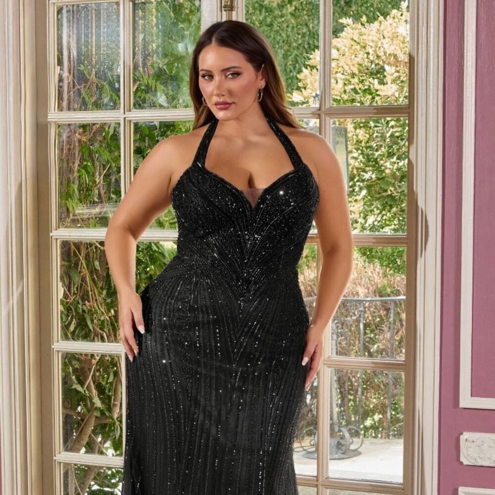 New Black Rhinestones Embellished Plus Size Gown w/ Halter Neckline CD CC416C